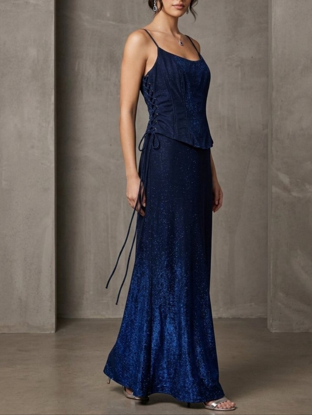 Betsy & Adam Midnight Blue Metallic Corset Evening Dress Sz 14P